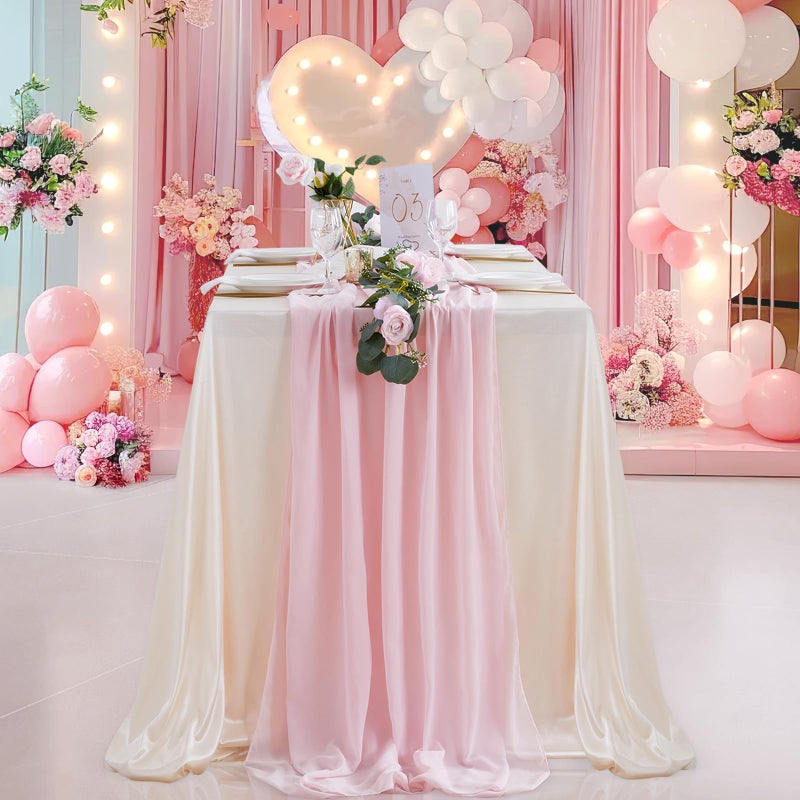 QueenDream Pink Valentines Day Decor Table Runner Chiffon Cloth Rustic Gauze Sheer Table Runner 120 Inch 10 FT for Wedding Baby Bridal Shower Sheer Boho Spring Home Tea Party Decorations - Image 2